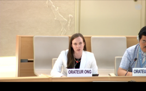 Abi McDougal delivers CSI's statement on the right of return to Nagorno Karabakh at the UN Human Rights Council.