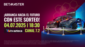Banner promocional del sorteo de Betmaster. Muestra dos coches eléctricos de lujo y la fecha del evento: 4 de julio de 2025 a las 18:30 en TV Azteca, Canal 7.2.