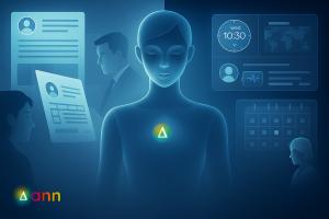 Illustration of Ann AI recruitment platform featuring a human-like digital assistant surrounded by resumes, interview scheduling, candidate insights, and analytics — showcasing bias-free, intelligent hiring automation