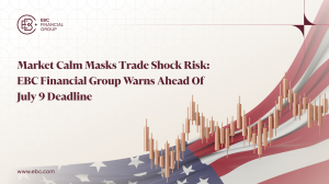 A split image showing the American flag and a volatile candlestick chart, symbolising volatile market landscape amid U.S. tariff deals. — EBC