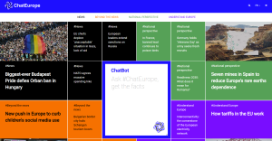 ChatEurope homepage showing a grid of articles organized by topic. A central section promotes the chatbot. Footer contains contact info, media partners, legal links, and EU funding notice.