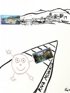 Red Boy gazes fondly at a postcard of Monaco, evoking cherished memories.