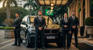 Scene of security agents and an armored SUV welcoming a guest at a luxury hotel entrance in São Paulo.