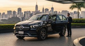 Wide-angle photo of an armored black Mercedes-Benz SUV pulling up to Hotel, doorman welcoming guests, safe luxury transport.