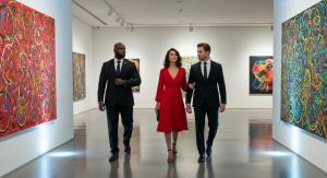 Executive-protection agent guiding a well-dressed couple through a contemporary São Paulo art gallery, illustrating secure luxury experiences.