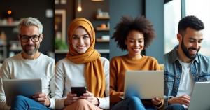 Illustration of diverse professionals working remotely across continents, connected via a digital platform offering vetted tech talent in AI, development, design, and project roles.
