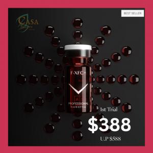 Fusion Meso F-XFC+ professional skin booster vial on dark background, featured in Casa Beauty Toa Payoh’s facial promotion at $388 for first trial.