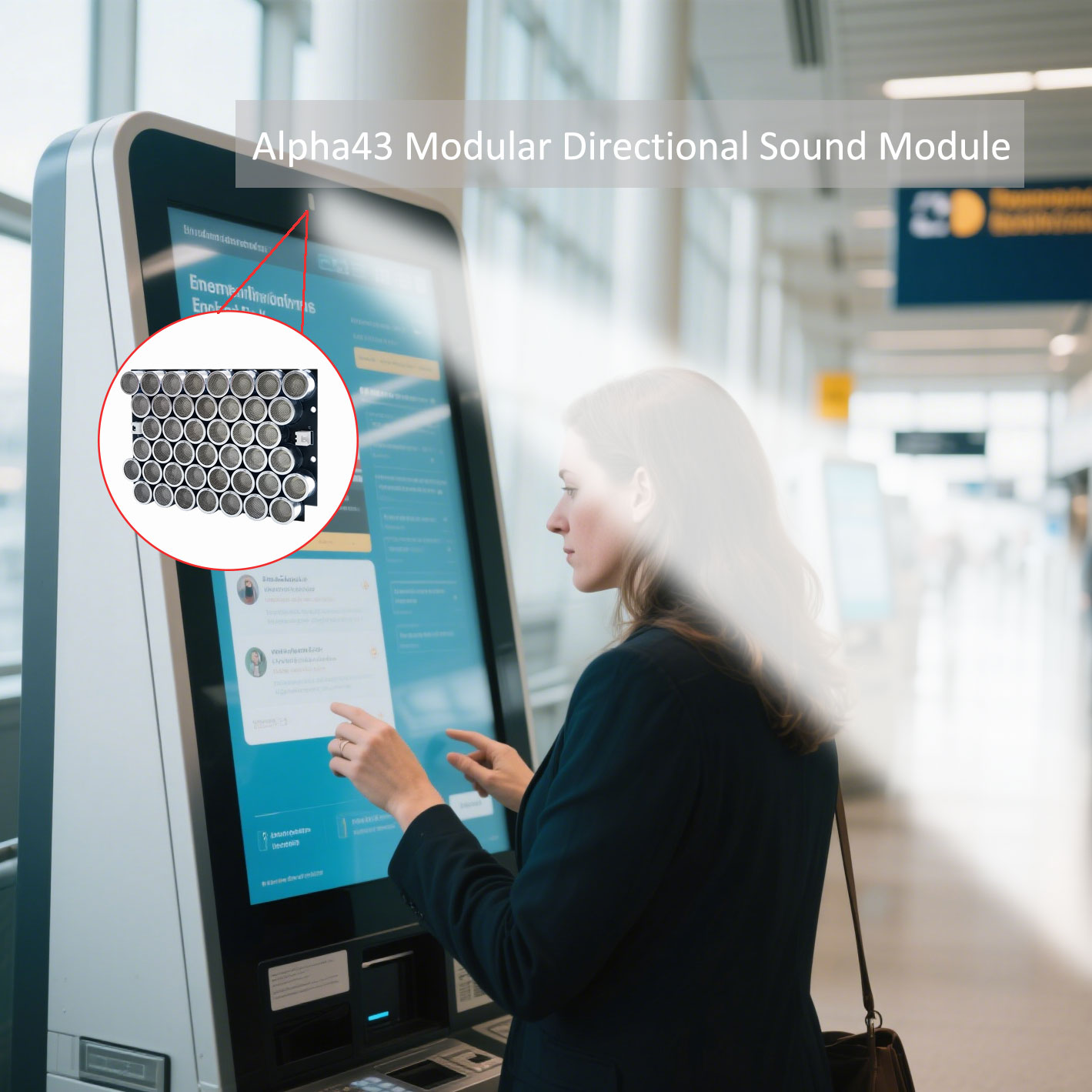 Audfly Alpha series modular directional sound module integrated into a smart kiosk terminal, delivering focused audio for private and interactive user experiences.