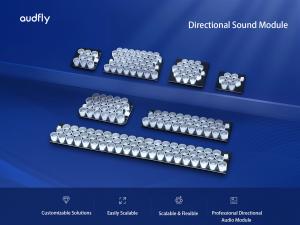 Audfly Alpha series directional audio modules in multiple sizes, designed for seamless integration into kiosks, terminals, and smart devices.