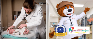 A doctor gently examines a newborn in a hospital bassinet, alongside Mettu Children's Hospital's friendly bear mascot.