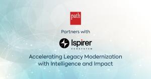 Corporate partnership announcement banner featuring Path Infotech and Ispirer Systems logos and text highlighting legacy modernization with intelligence and impact