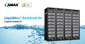 LiquidMax RackScale 64 by AMAX with four liquid-cooled server racks and water-themed background.