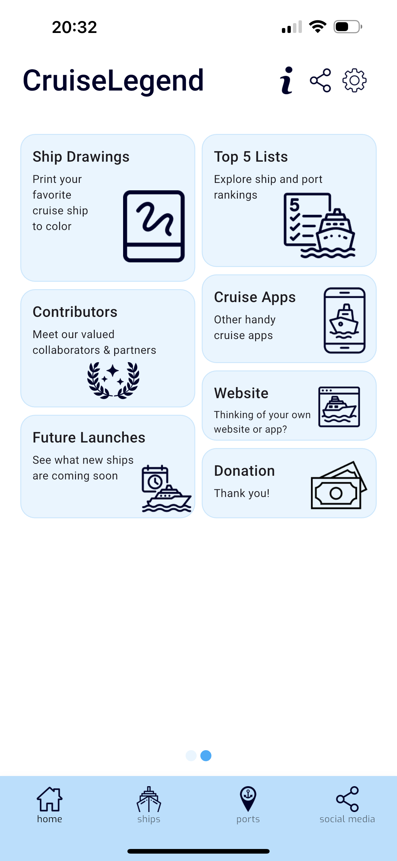 Menu of the CruiseLegend app with buttons for each feature.