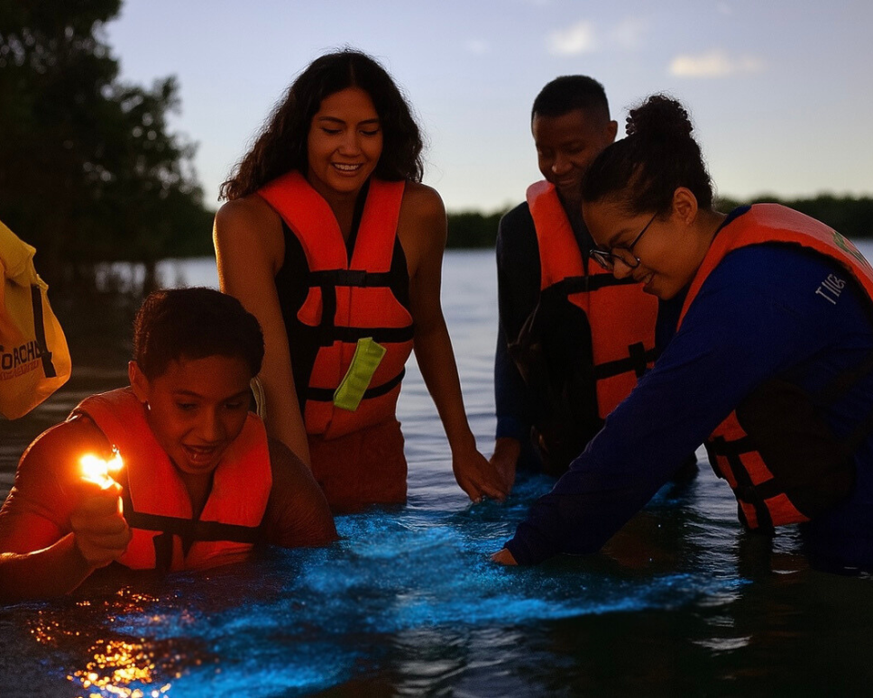 Group enjoying glowing bioluminescence at Kelly Park East with BK Adventure