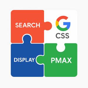 Flat-style illustration of a puzzle with Google CSS as a central piece, symbolizing KLOTA’s role in helping e-commerce brands optimize Shopping Ads.