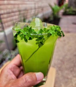 Moringa Agua Fresca pairs fresh moringa leaves with cucumber, lime, mint, and honey.