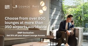 An image showing a traveller in an airport lounge, with overlay text and graphics announcing the new partnership between Global Nomad Pass and Lounge Pass