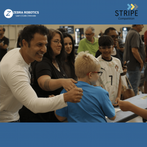 Excited young robotics competitor hugging a parent after perfect robot performance at STRIPE Competition, both smiling joyfully