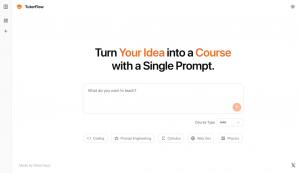 TutorFlow interface with a prompt input box and course type selector, allowing users to generate a course from a single prompt