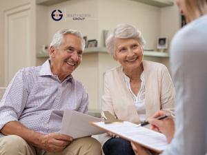 Couple talking to lender about reverse mortgages