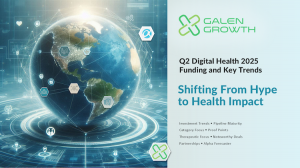 Visual cover of Galen Growth’s Q2 2025 Digital Health Funding Trends report showing a digitally connected globe with health technology icons, representing global investment and innovation in digital health.