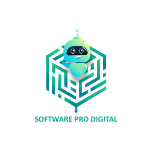 A modern, gradient-style logo of Software Pro Digital featuring a friendly robot emerging from a tech-inspired geometric design.