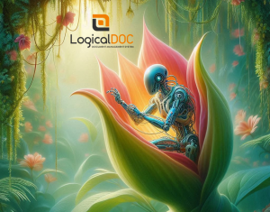Un capullo de flor que contiene un símbolo robótico de IA y en la parte superior el logotipo de LogicalDOC