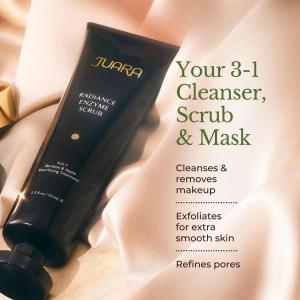 The Radiance Enzyme Scrub & Mask is a three-in-one skincare product that exfoliates, cleanses, and refines the skin.
