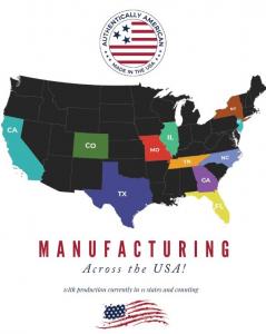 This image shows a map of America that highlights the locations where Authentically American products are manufactured. The manufacturing locations include: California, Colorado, Texas, Missouri, Illinois, Tennessee, North Carolina, New York, Georgia, Flo