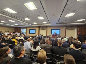 Swiss MP Erich Vontobel presents on the Swiss Peace Initiative for Nagorno Karabakh to a packed room in a Capitol Hill Briefing held in Washington on July 8, 2025.