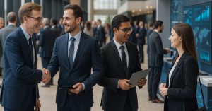 Business professionals networking at a tech event, discussing ERP solutions with digital analytics displays in the background.