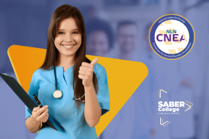 Nursing Student with SABER College's Logo and NLN CNEA Accreditation Seal