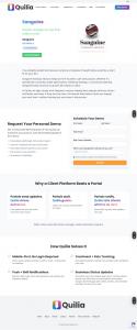 Screenshot of the Quilia landing page for Sanguine Strategic Advisors, including a demo request form, case management dropdown, and value props comparing client platforms to portals.