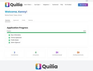 Quilia partner dashboard showing full application progress bar and status overview, with a welcome message for Kenny and metrics on referrals, conversions, and commission.