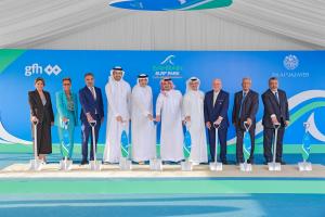 A group photo of ten executives and officials standing in a row at a formal event. From left to right: Salah Sharif, Ismail Khonji, Christos A. Poullaides, Majed Al Khan, Hisham Al Rayes, His Excellency Shaikh Abdulla bin Khalifa Al Khalifa, Khalid Abdulr