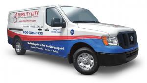 Photo of the van equipped as a workshop on wheels that certified technicians use to perform repairs on site.