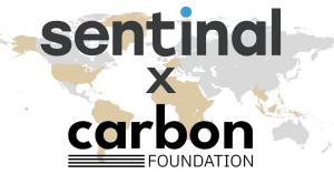 The Sentinal logo and The Carbon Foundation logo superimposed over a map of the world that signifies the areas they both do work