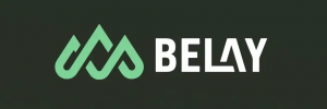 elay Global Partners logo featuring two stylized green mountain peaks followed by the word “BELAY” in bold white capital letters, with the “A” formed as a third mountain peak. The background is dark green.