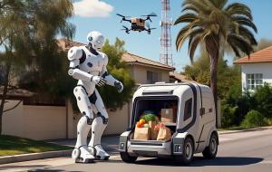 Humanoid Robot Collecting Groceries From Delivery Robot