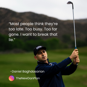 A man in a navy hoodie and lime green gloves takes a focused golf swing on a sunny course with hills in the background. Overlaid text reads: “I’m showing up — and every time I break a personal best, I remind myself we’re just getting started.” His name an