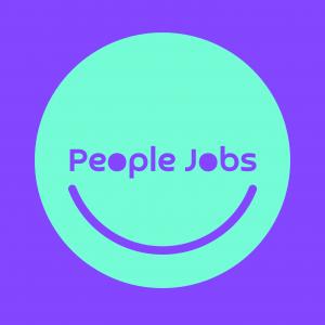 People Jobs logo with the words “People Jobs” inside a mint green smiley face on a purple background, symbolizing a friendly and people-centric job platform.