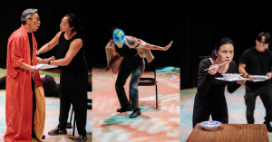 Three stage scenes from the inaugural AAPI Playwright Festival with actors performing dramatic and comedic moments from short plays.