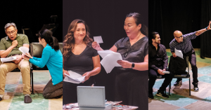 Composite image of six actors on stage performing in three different plays at the inaugural AAPI Playwright Festival.