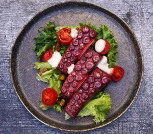 Three slices of plant-based octopus by Revo Foods arranged on a mixed green salad with cherry tomatoes, pistachios, and creamy white dressing, served on a rustic dark ceramic plate.