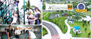 Collage featuring children climbing at a playground, a community engagement event, and the logo for Village of Wellington and IBCCES Certified Autism Center badge.
