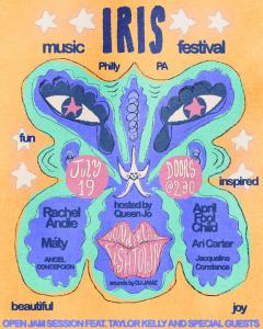 A colorful, psychedelic-style poster for the IRIS Music Festival, featuring a butterfly motif with stylized eyes and lips in the center. The event details are incorporated into the wings and design. Text reads: "IRIS Music Festival – Philly, PA. July 19. 