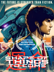 Movie poster for a film titled "Shape of Things to Come," with the tagline "The Future is Stranger Than Fiction." The poster features a man in a suit and tie, wearing earbuds and a lanyard with an ID card. Behind him is a large, futuristic-looking robot o
