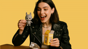 Woman smiling while holding a Labubu collectible figure and yellow blind box packaging, symbolizing the excitement of surprise unboxing.