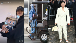 Collage featuring Lisa from BLACKPINK holding a large Labubu figure, Rihanna with a pink Labubu keychain on her bag, and the Princess of Thailand carrying a Labubu accessory at a fashion event.