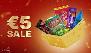 Promotional banner with bold “€5 SALE” text next to a yellow shopping basket filled with Indian groceries, spices, dals, snacks, and condiments, against a festive red background.
